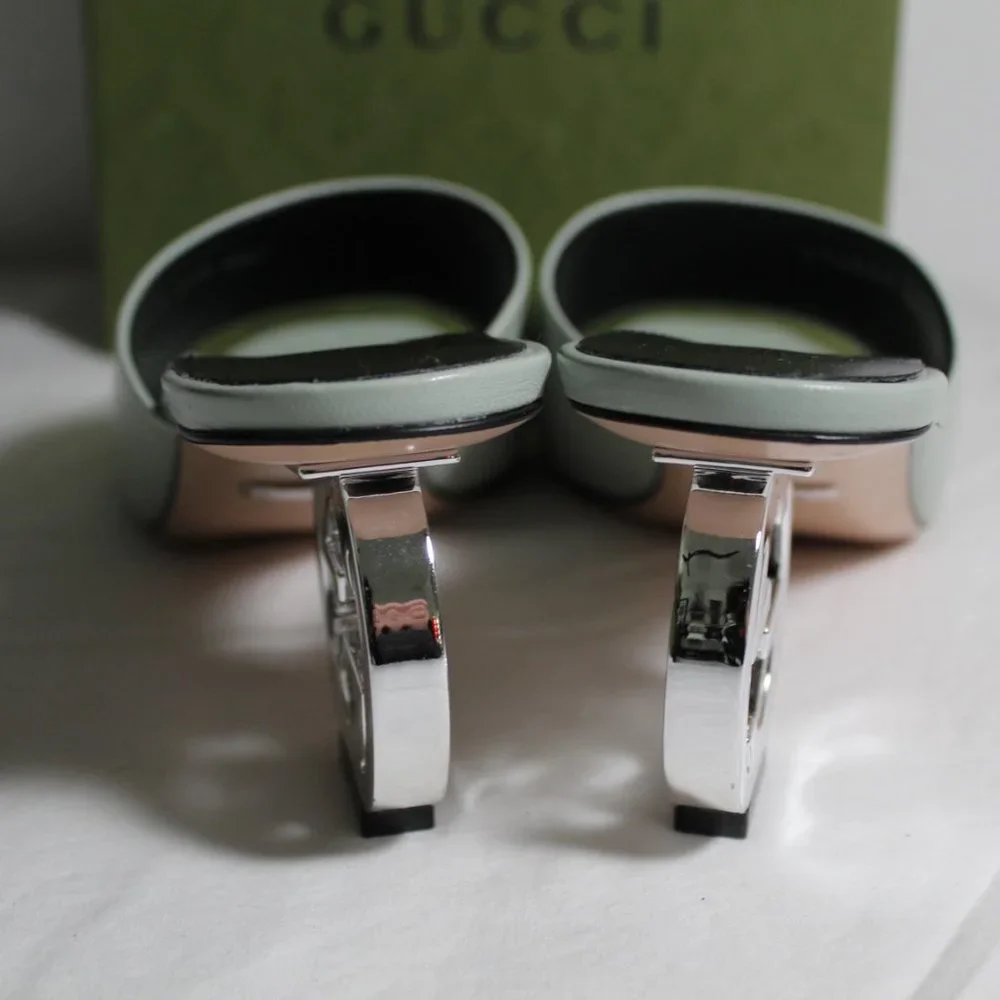 NWB Gucci Interlocking GG Heel Sandals Mules Slip Ons Slides Argento 39.5 772569 - Picture 7 of 9